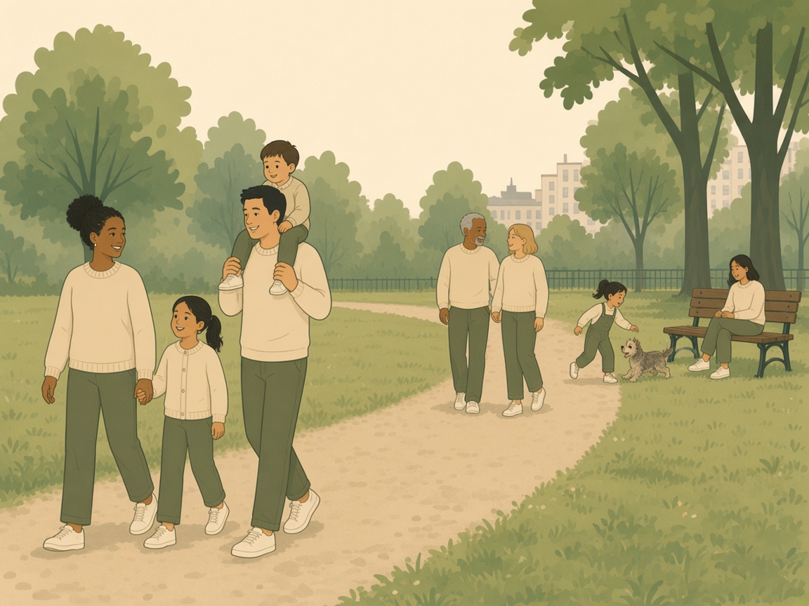 An illustrated park with a few families: kids, parents, and an older couple on a quiet path.